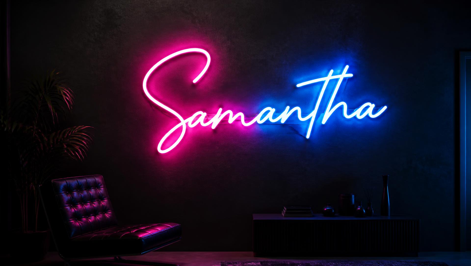 Custom LED neon name sign glowing on a dark wall
